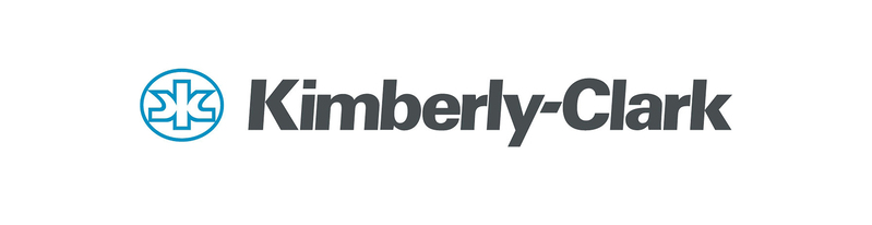 Logomarca da Kimberly-Clark em cinza escuro sobre fundo branco e detalhe em azul.